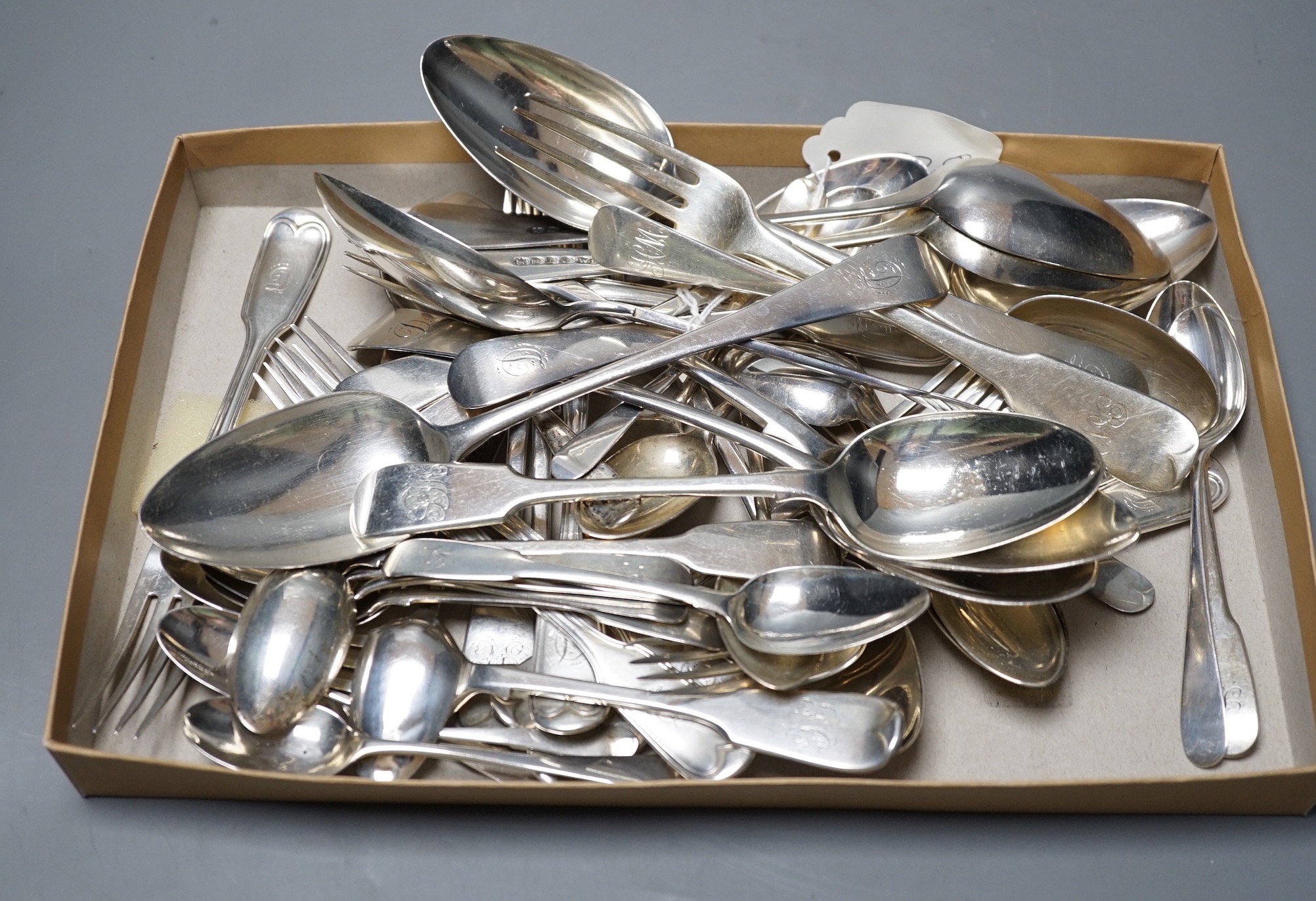 A quantity of assorted 19th century and later silver flatware, various patterns, dates and makers, including a set of eight modern silver teaspoons, by C.J Vander Ltd, London, 1977